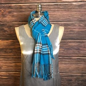 Blue plaid Scarf SUPER SOFT Black White Fringe